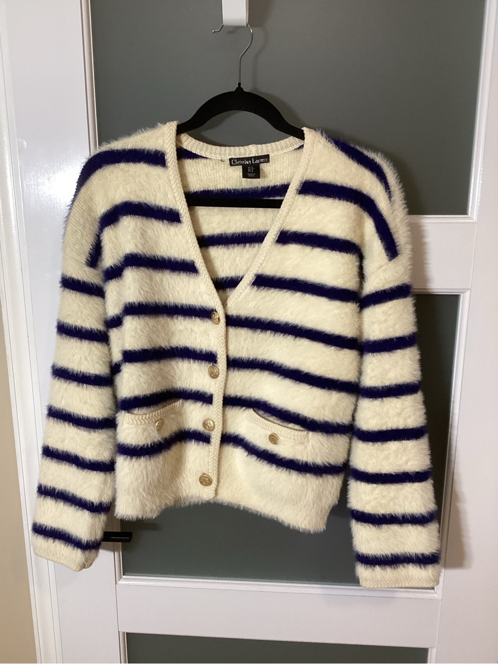 Christian Lacroix Fuzzy Striped V-Neck Cardigan Cream Navy Gold Buttons - S